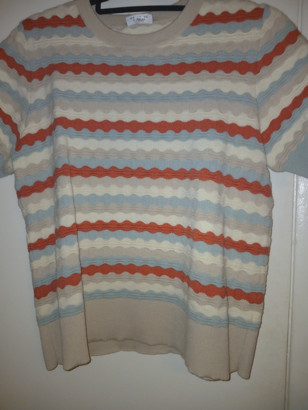 Akris Punto Women’s Crewneck Short-Sleeve Sweater in Cream, Rust & Light Blue